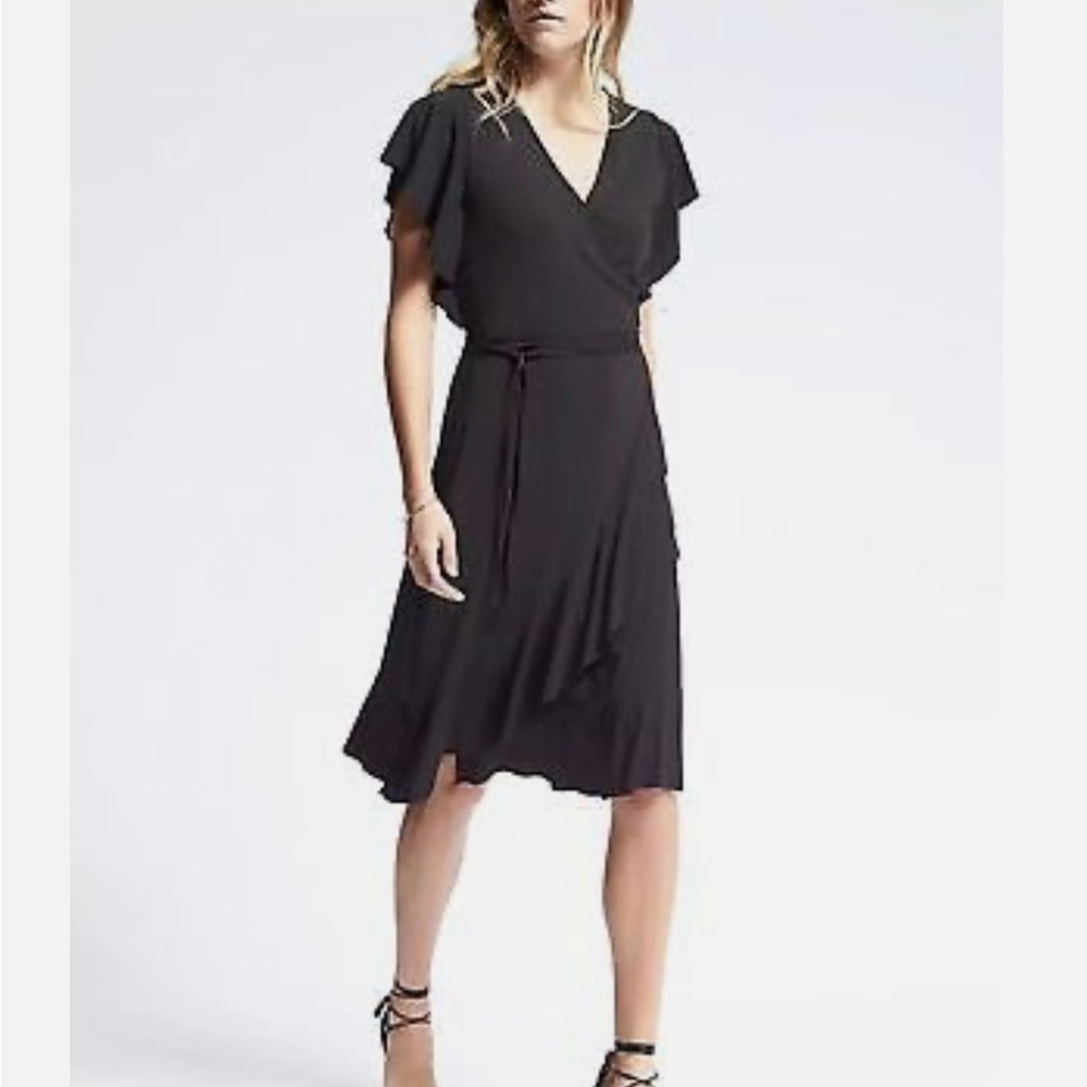 Banana Republic Short Sleeve Flounce Ruffle Wrap Dress Black Size Extra Small